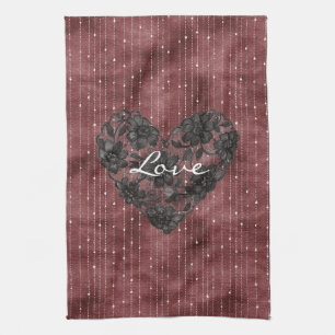 Burgundy Stripes Black Faux Lace Floral Heart Tea Towel
