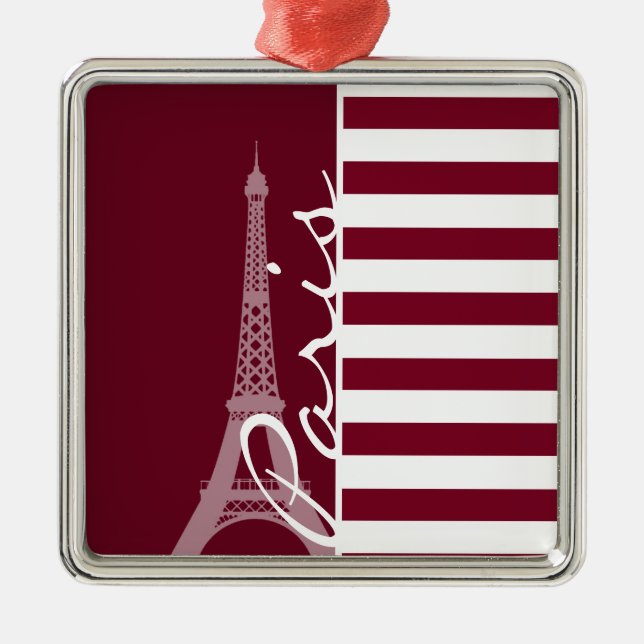 Burgundy Stripes; Eiffel Tower Metal Tree Decoration (Front)