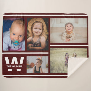 Burgundy Stripes Multiple Photos Custom Monogram Sherpa Blanket