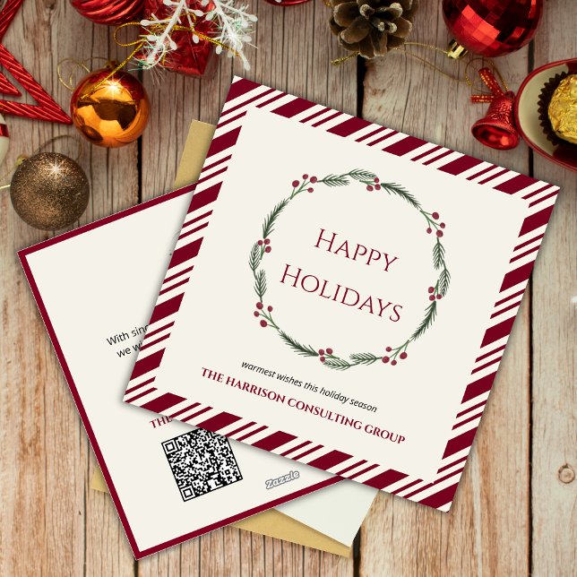 Burgundy Stripes Wreath Corporate Logo QR Code  Holiday Card (Creator Uploaded)