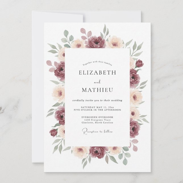 Burgundy Sumptuous Floral Wedding Invitation (Front)