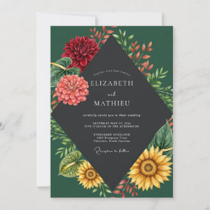 Burgundy Sunflower Dahlia Wedding Invitation