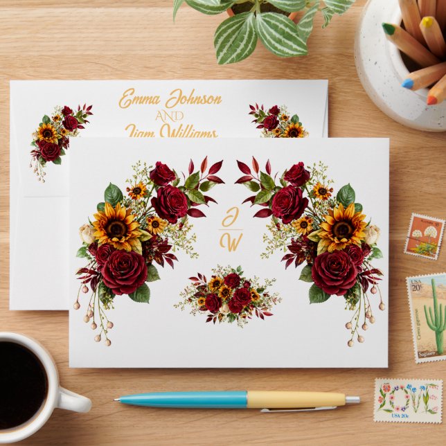 Burgundy Sunflower Floral Wedding Envelope (Desk)