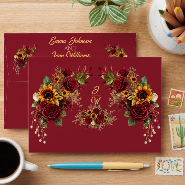 Burgundy Sunflower Floral Wedding Envelope (Desk)