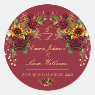 Burgundy Sunflower Floral Wedding Envelope Classic Round Sticker