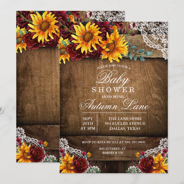 Burgundy Sunflower Lace Baby Shower Invitation (Front/Back)