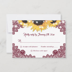 Burgundy Sunflower Lace Burlap Hearts Wedding RSVP Card