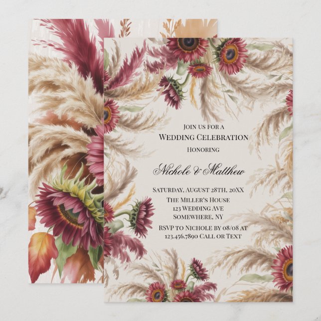 Burgundy Sunflower & Pampas Grass Wedding Invitation (Front/Back)