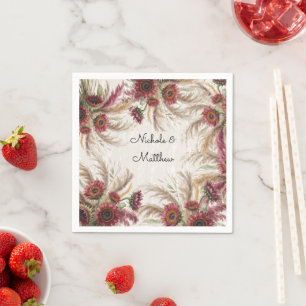 Burgundy Sunflower & Pampas Grass Wedding Napkin
