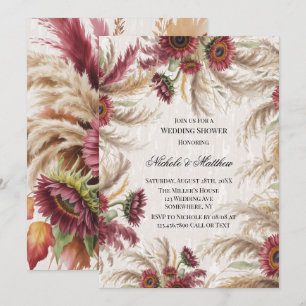 Burgundy Sunflower & Pampas Grass Wedding Shower Invitation