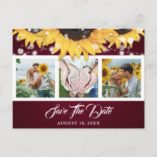 Burgundy Sunflower Photo Wedding Save The Date Announcement Postcard