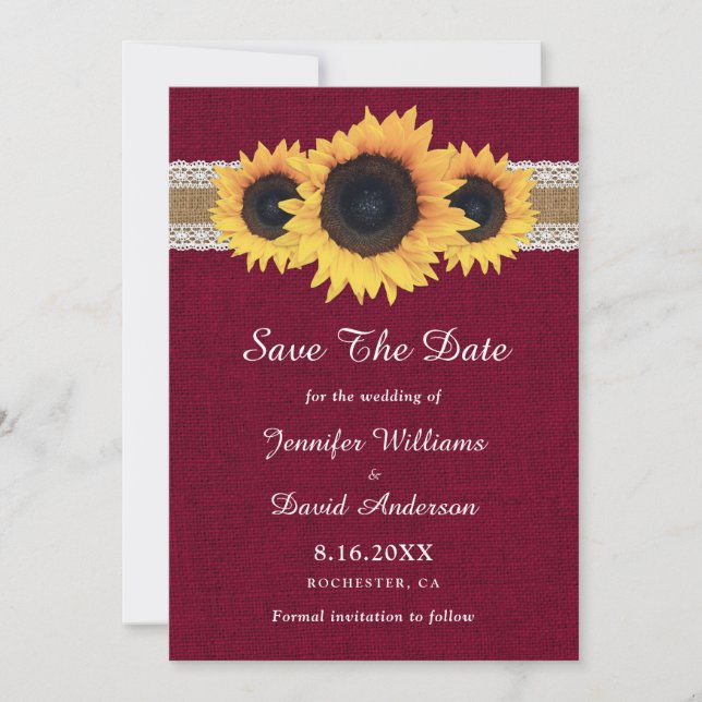 Burgundy Sunflower Rustic Burlap Lace Wedding Save The Date (Front)