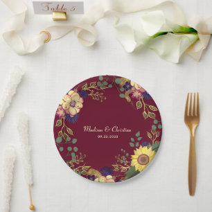 Burgundy Sunflower Rustic Wedding Paper Plate