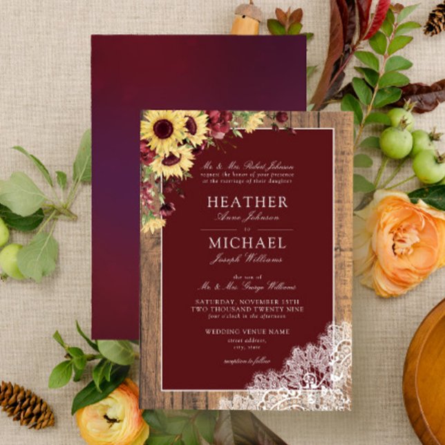 Burgundy Sunflower Rustic Wood Script Wedding Invi Invitation (Creator Uploaded)