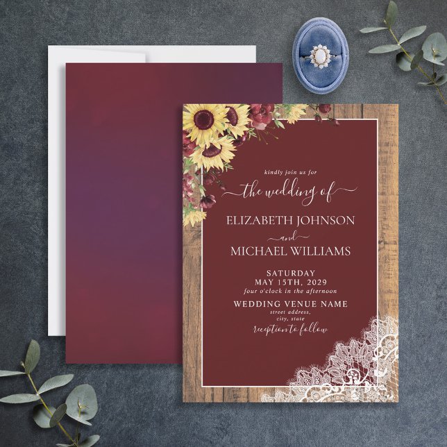Burgundy Sunflower Rustic Wood Script Wedding Invi Invitation (Creator Uploaded)