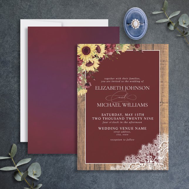 Burgundy Sunflower Rustic Wood Script Wedding Invitation (Creator Uploaded)