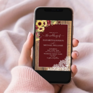 Burgundy Sunflower Rustic Wood Script Wedding Invitation