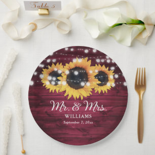 Burgundy Sunflower Rustic Wood Wedding Paper Plate