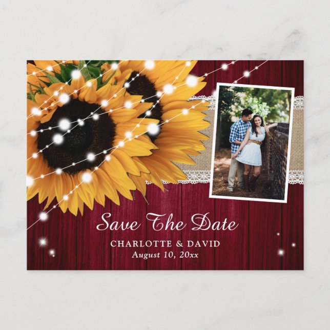 Burgundy Sunflower Save The Date Photo Postcards (Front)