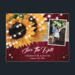 Burgundy Sunflower Save The Date Photo Postcards<br><div class="desc">These rustic wedding save the date photo postcards featuring sunflowers on burlap and lace runner against a barn wood background are ideal for a burgundy rustic wedding party inspired by sunflowers.</div>