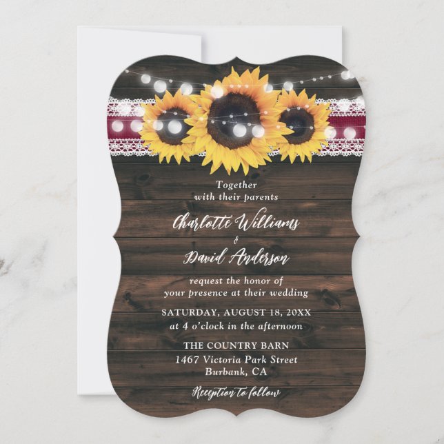 Burgundy Sunflower String Lights Lace Wood Wedding Invitation (Front)