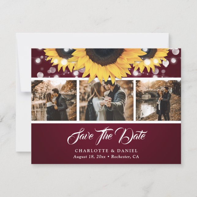 Burgundy Sunflower String Lights Photo Wedding Save The Date (Front)