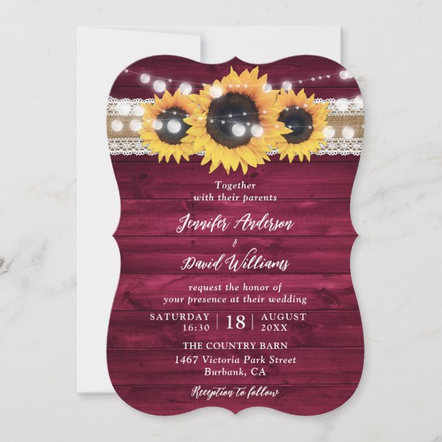 Burgundy Sunflower String Lights Wood Wedding Invitation (Front)