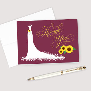 Burgundy Sunflower Wedding Gown Bridal Shower Thank You Card