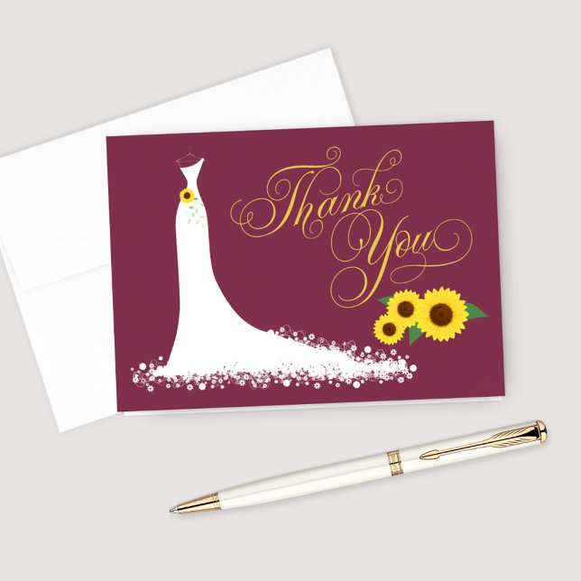 Burgundy Sunflower Wedding Gown Bridal Shower Thank You Card (Creator Uploaded)