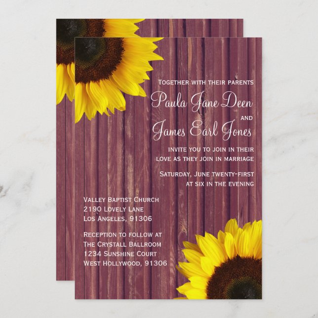 Burgundy & Sunflower Wedding Invitation (Front/Back)