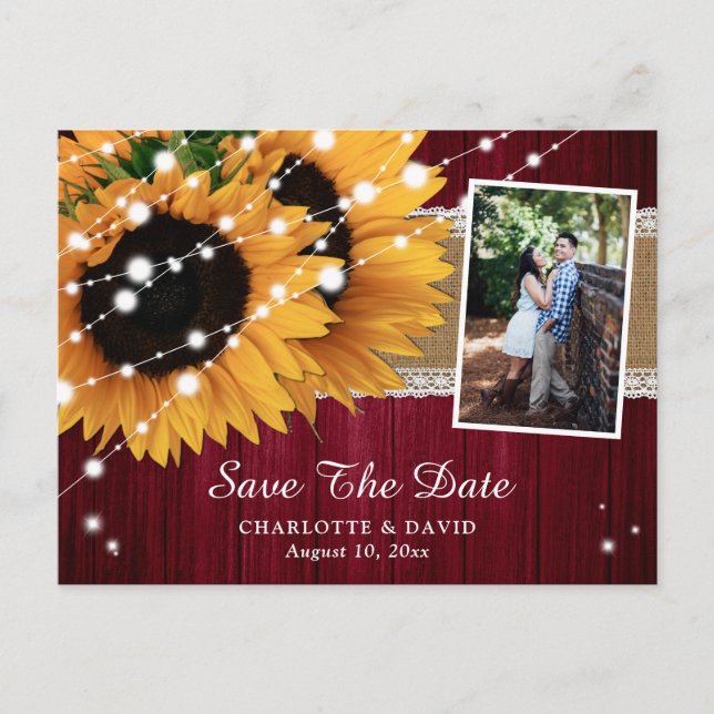 Burgundy Sunflower Wedding Photo Save The Date Announcement Postcard (Front)