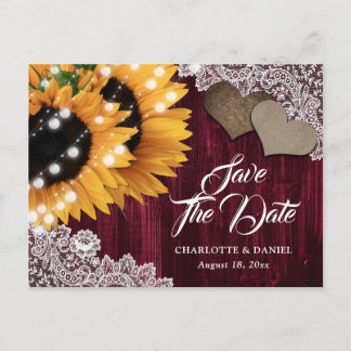 Burgundy Sunflower Wedding Save The Date Postcard