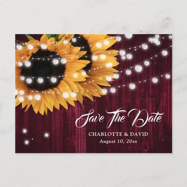 Burgundy Sunflower Wedding Save The Date Postcard (Front)