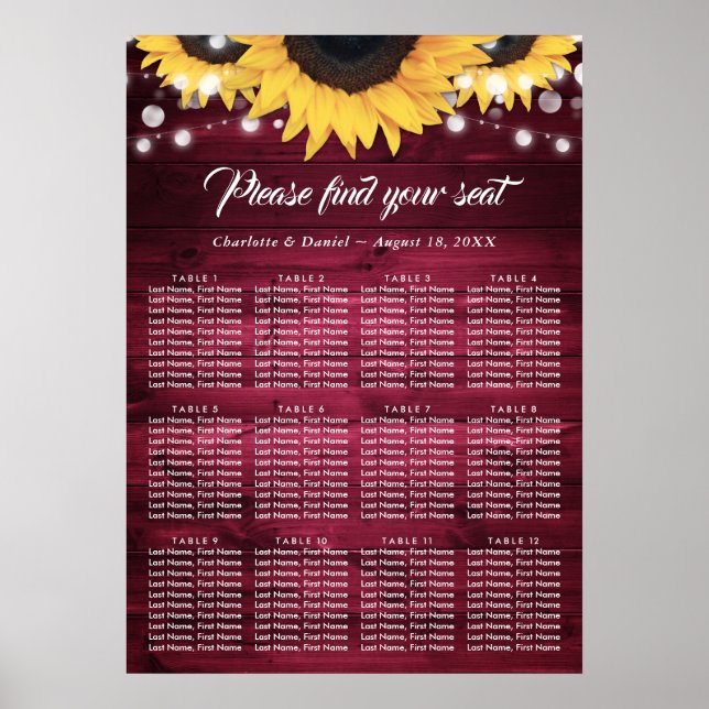 Burgundy Sunflower Wedding Seating Chart 12 (Front)