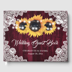 Burgundy Sunflower Wood Floral Lace Wedding Guest Book