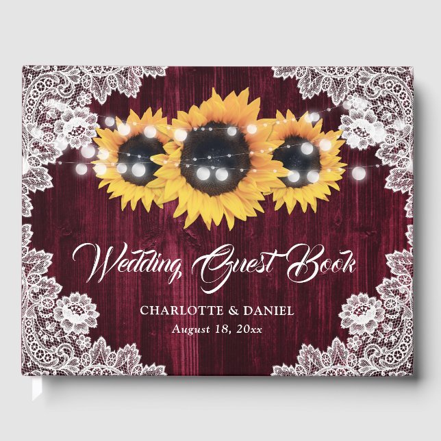 Burgundy Sunflower Wood Floral Lace Wedding Guest Book (Front)