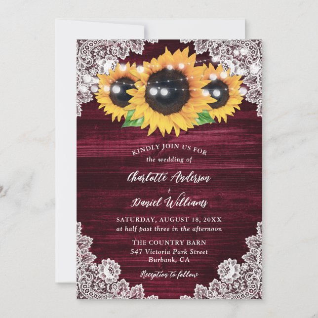 Burgundy Sunflower Wood String Lights Wedding Invitation (Front)