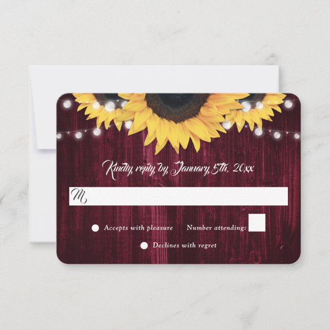 Burgundy Sunflower Wood String Lights Wedding RSVP Card (Front)
