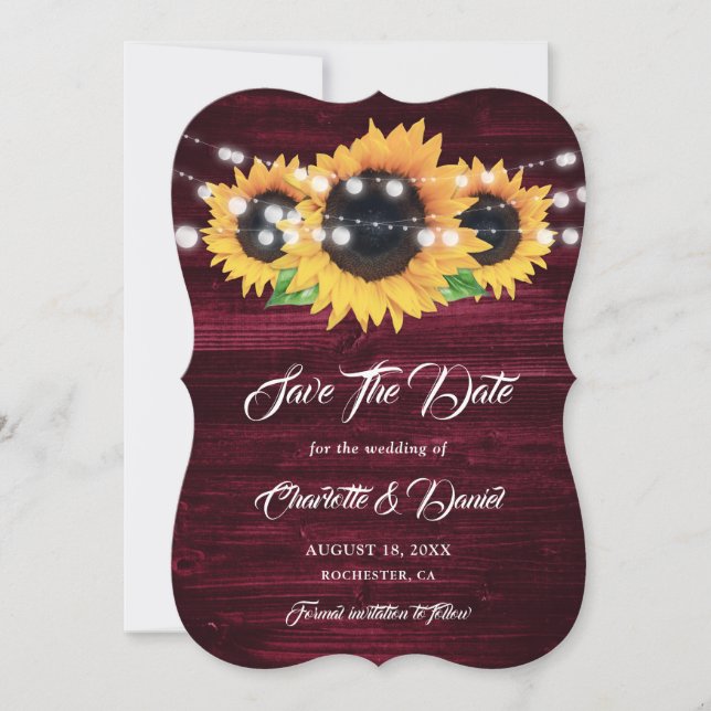 Burgundy Sunflower Wood String Lights Wedding Save The Date (Front)