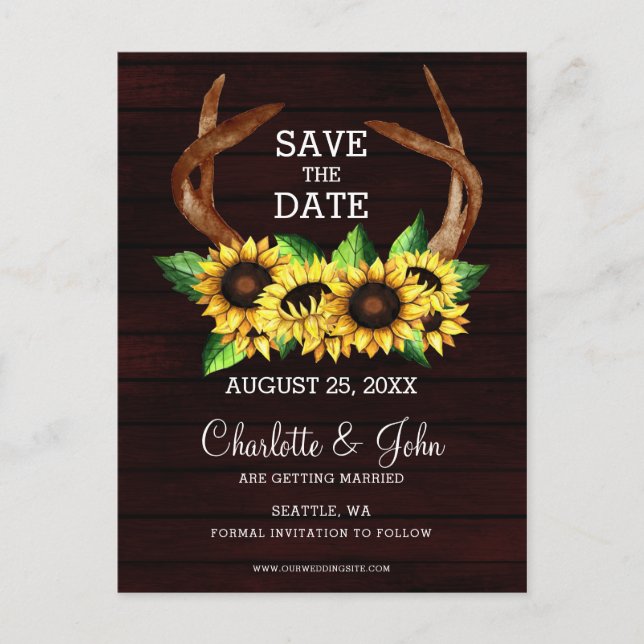 Burgundy sunflowers antlers country chic wedding  announcement postcard (Front)