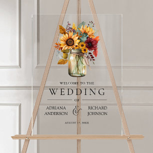 Burgundy Sunflowers Mason Jar Wedding Welcome Acrylic Sign