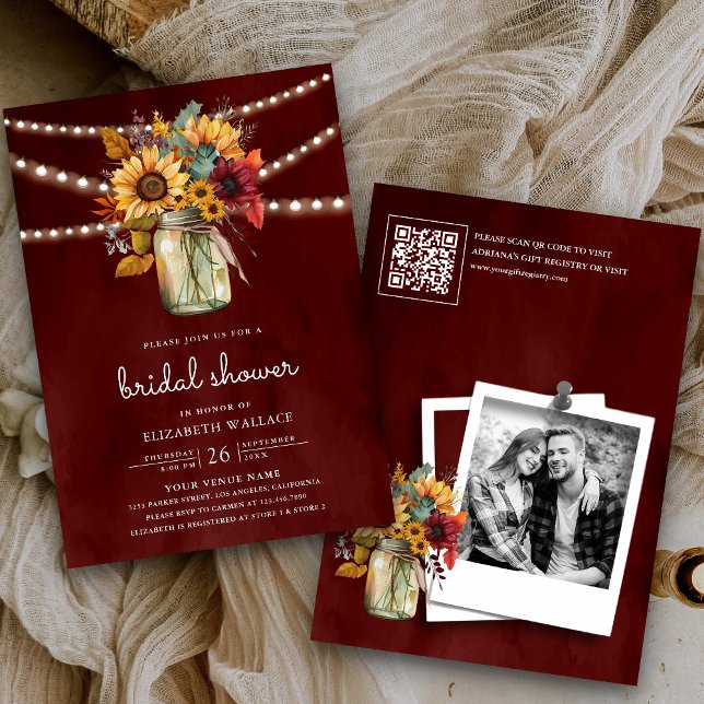 Burgundy Sunflowers Photo QR Code Bridal Shower Invitation (Creator Uploaded)