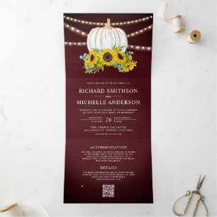 Burgundy Sunflowers White Pumpkin QR Code Wedding Tri-Fold Invitation