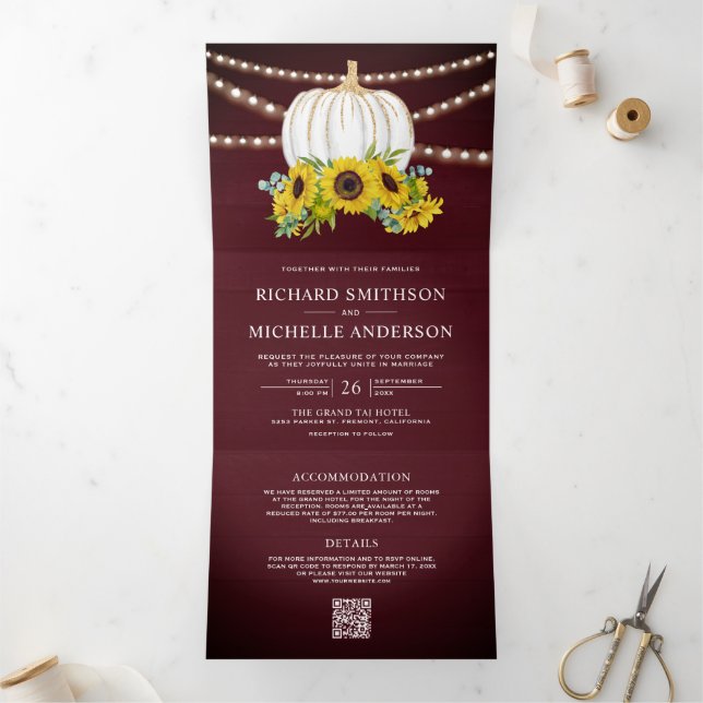 Burgundy Sunflowers White Pumpkin QR Code Wedding Tri-Fold Invitation (Inside)