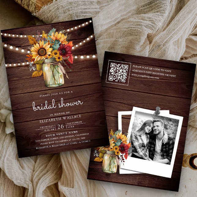 Burgundy Sunflowers Wood QR Code Bridal Shower Invitation (Creator Uploaded)