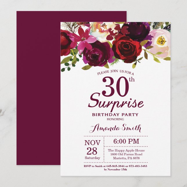 Burgundy Surprise Floral 30th Birthday Party Invitation (Front/Back)