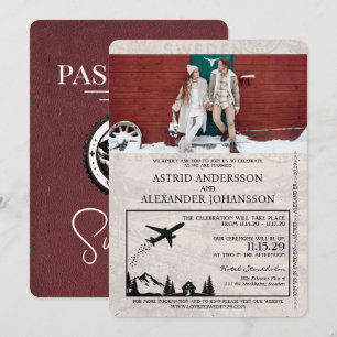 Burgundy Sweden Passport Wedding Invitation