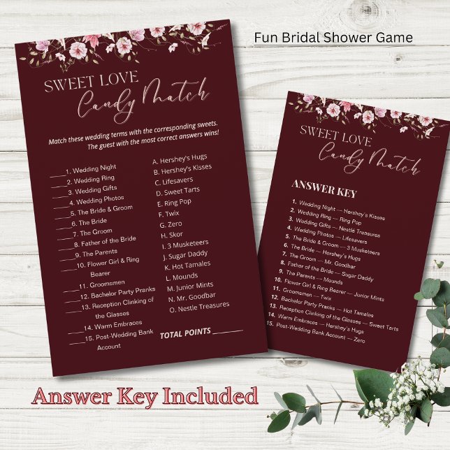 Burgundy Sweet Love Candy Match Bridal Shower Game (Creator Uploaded)