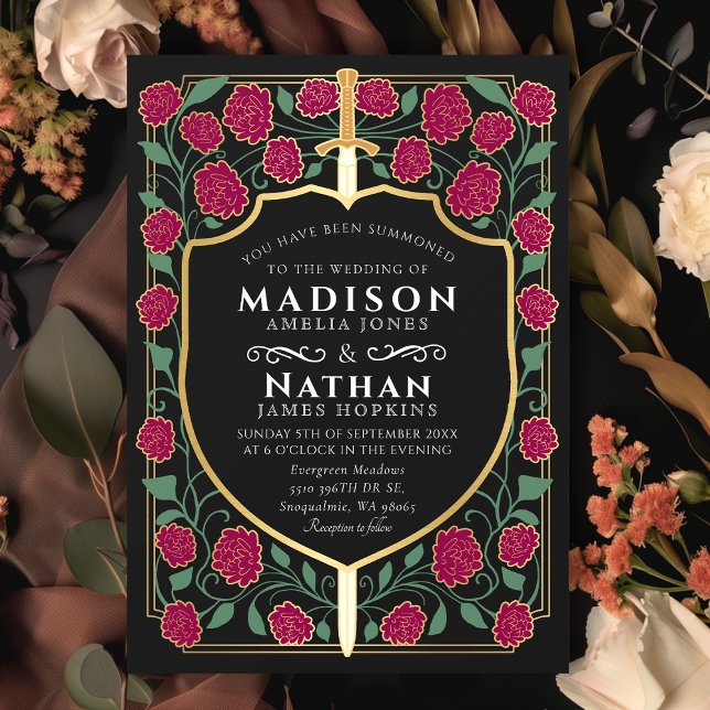 Burgundy Sword Shield Fantasy Monogram Wedding Invitation (Creator Uploaded)