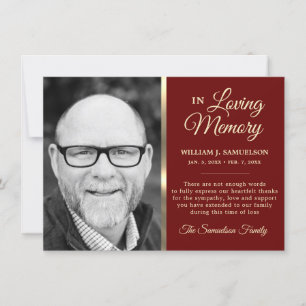 Burgundy Sympathy Funeral Memory THANK YOU Photo Card
